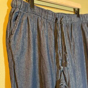 High rise chambray denim wide leg pull on drawstring pants